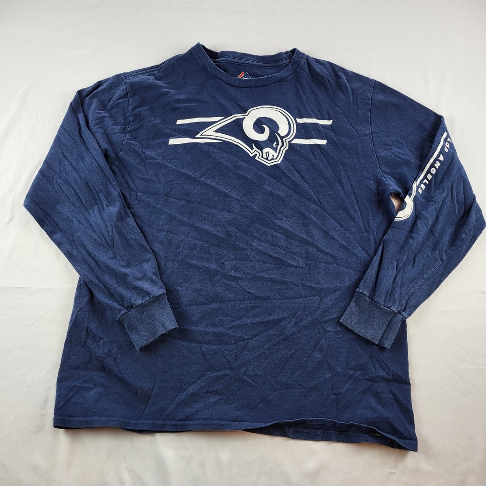 LA Rams Shirt Navy Long Sleeve Majestic Large Cotton Los Angeles Rams